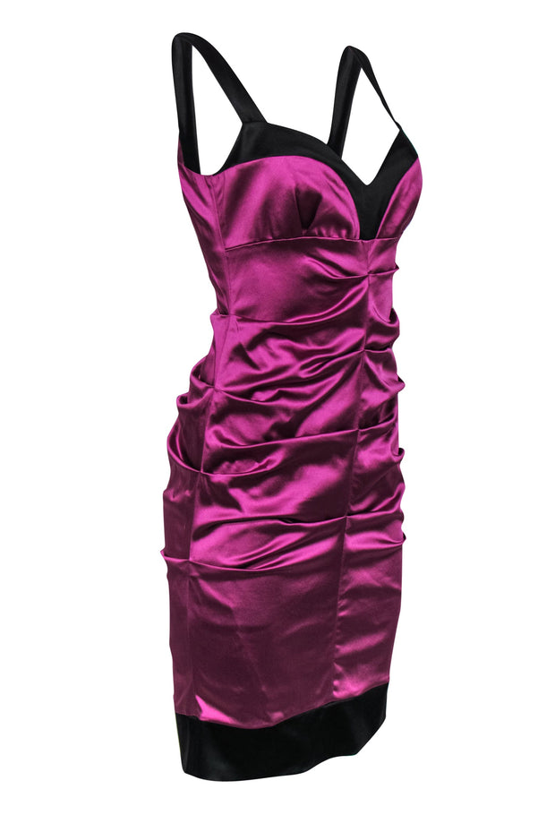 Nicole Miller - Purple Satin Ruched Sleeveless Bodycon Dress w/ Black Trim Sz 8 Nicole Miller - Purple Satin Ruched Sleeveless Bodycon Dress w/ Black Trim Sz 8