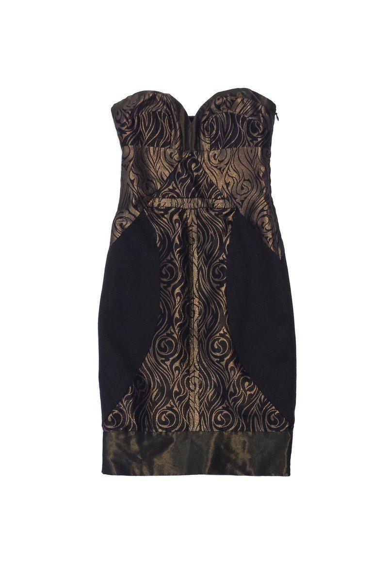 Nicole Miller - Black & Bronze Print Strapless Dress Sz 0 Nicole Miller - Black & Bronze Print Strapless Dress Sz 0