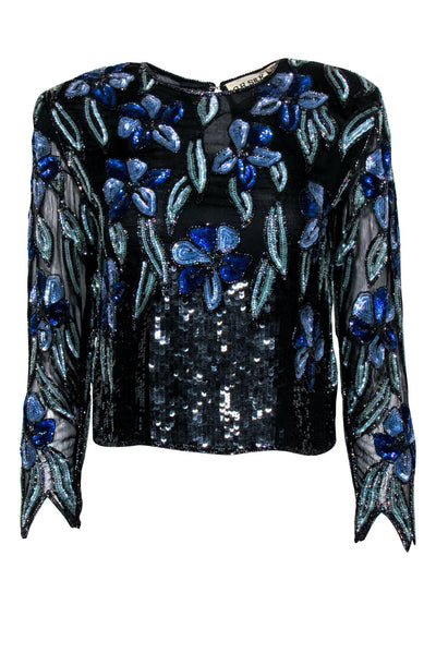 Current Boutique-O.R. Silk - Vintage Black & Blue Floral Sequined Blouse Sz S