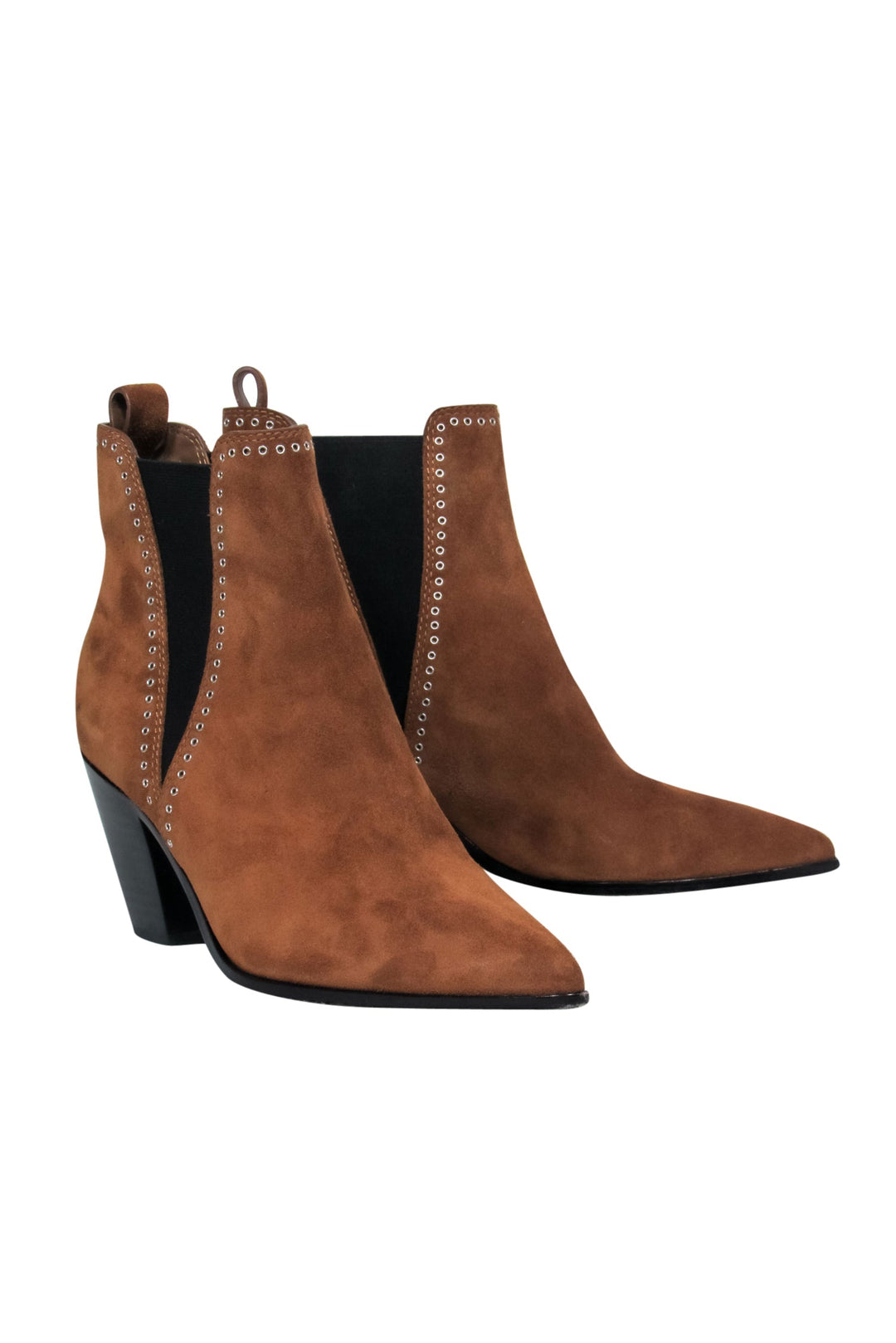 Paige Brown Suede Pointed Toe Block Heel Booties w/ Grommet Trim