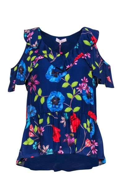 Current Boutique-Parker - Blue Ruffle Sleeveless Blouse w/ Floral Pattern Sz S