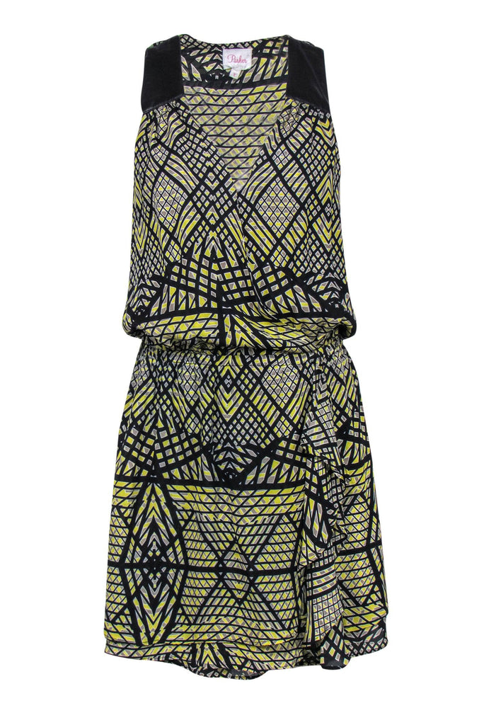 Parker - Yellow & Black Patterned Silk Wrap Dress w/ Leather Trim Sz S