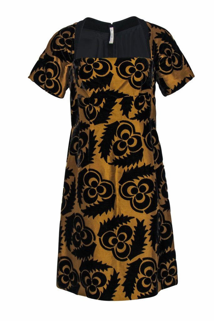 Prada - Gold & Black Silk Blend A-Line Dress w/ Velvet Floral Pattern Prada - Gold & Black Silk Blend A-Line Dress w/ Velvet Floral Pattern