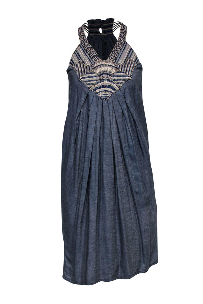 Ranna Gill - Blue Chambray Sleeveless Shift Dress W Embroidered Neckline Sz Xs