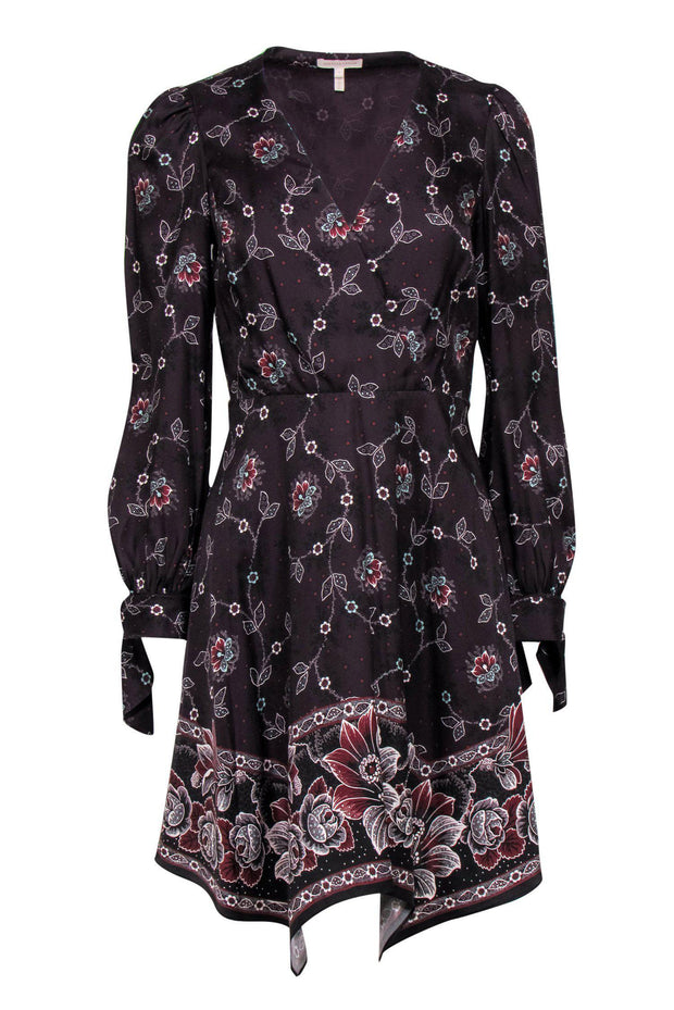Rebecca Taylor - Burgundy Floral Print Fit & Flare Dress w/ Scarf Hem Sz 4 Rebecca Taylor - Burgundy Floral Print Fit & Flare Dress w/ Scarf Hem Sz 4