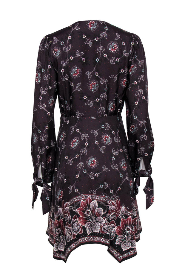 Rebecca Taylor - Burgundy Floral Print Fit & Flare Dress w/ Scarf Hem Sz 4 Rebecca Taylor - Burgundy Floral Print Fit & Flare Dress w/ Scarf Hem Sz 4