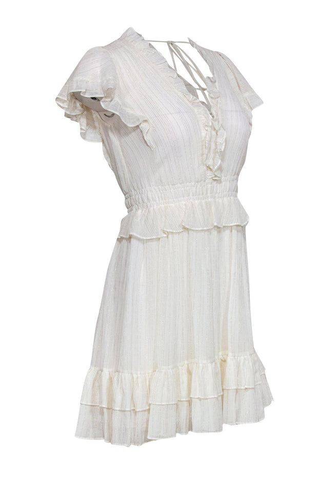 Rebecca Taylor - White Ruffle Cap Sleeve Fit & Flare Dress w/ Metallic Threading Sz XS Rebecca Taylor - White Ruffle Cap Sleeve Fit & Flare Dress w/ Metallic Threading Sz XS