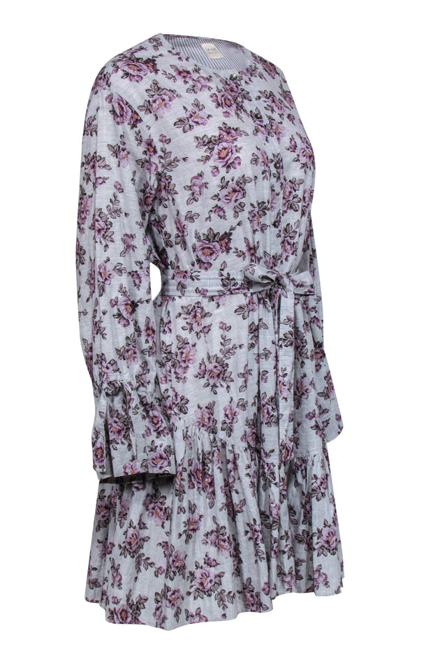 Current Boutique-La Vie Rebecca Taylor - Grey & Purple Floral Print Bell Sleeve Shirtdress Sz M