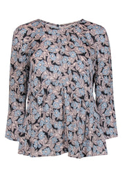 Current Boutique-Rebecca Taylor - Light Pink, Light Blue & Black Floral Print Textured Silk Blouse Sz 6