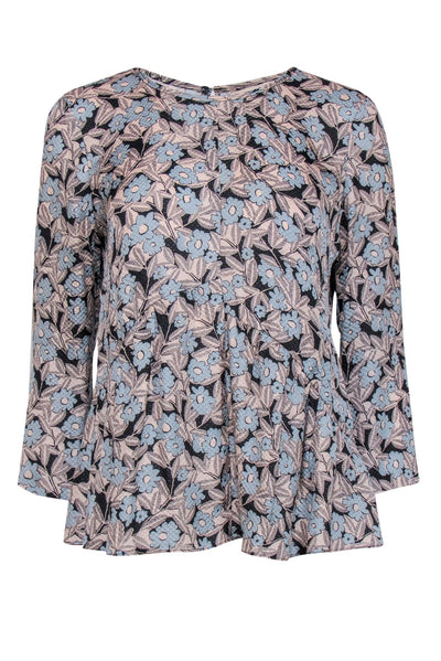 Current Boutique-Rebecca Taylor - Light Pink, Light Blue & Black Floral Print Textured Silk Blouse Sz 6