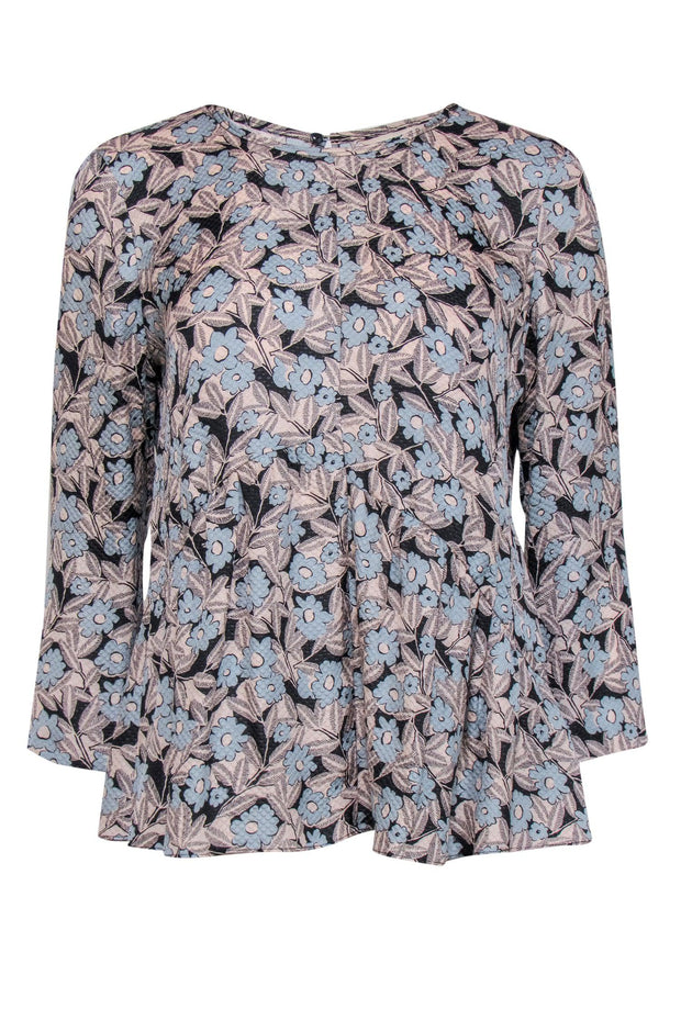Current Boutique-Rebecca Taylor - Light Pink, Light Blue & Black Floral Print Textured Silk Blouse Sz 6