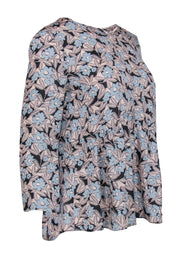Current Boutique-Rebecca Taylor - Light Pink, Light Blue & Black Floral Print Textured Silk Blouse Sz 6