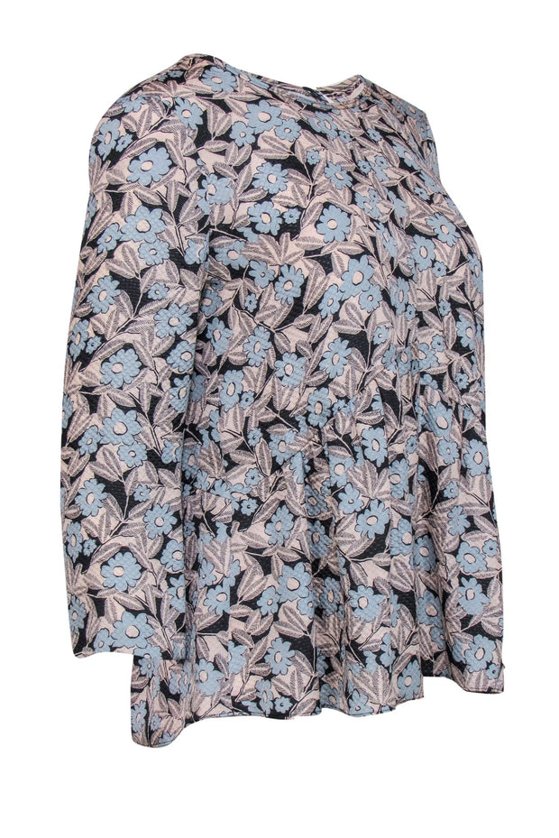 Current Boutique-Rebecca Taylor - Light Pink, Light Blue & Black Floral Print Textured Silk Blouse Sz 6