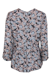 Current Boutique-Rebecca Taylor - Light Pink, Light Blue & Black Floral Print Textured Silk Blouse Sz 6