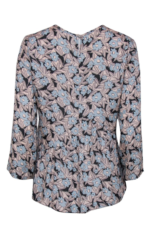 Current Boutique-Rebecca Taylor - Light Pink, Light Blue & Black Floral Print Textured Silk Blouse Sz 6