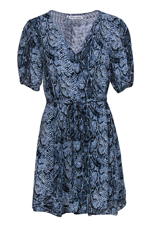 Reformation - Blue Snakeskin Print Ruched Sleeve Wrap Dress Sz 1X Reformation - Blue Snakeskin Print Ruched Sleeve Wrap Dress Sz 1X