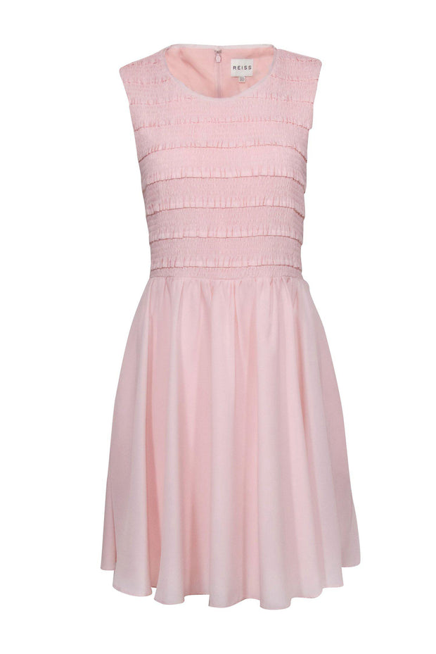 Reiss - Light Pink Smocked & Ruffled Sleeveless Fit & Flare Dress Sz 1 Reiss - Light Pink Smocked & Ruffled Sleeveless Fit & Flare Dress Sz 1