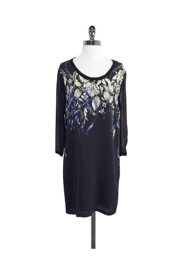 Reiss - Black Floral Print Silk Shift Dress Sz 6
