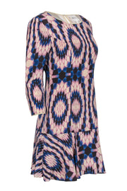 Current Boutique-Reiss - Blue, Tan and Purple Geometric Silk Print Dress w/ Ruffle Hem Sz 6