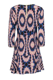 Current Boutique-Reiss - Blue, Tan and Purple Geometric Silk Print Dress w/ Ruffle Hem Sz 6