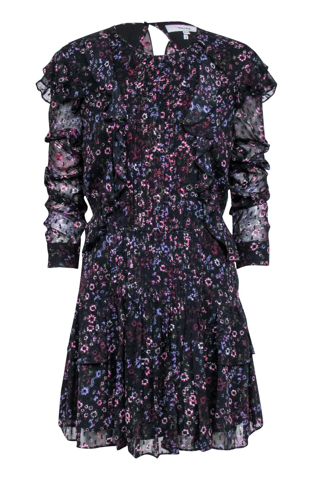 Reiss - Black Floral Print Ruffle Mini Dress Sz 8 Reiss - Black Floral Print Ruffle Mini Dress Sz 8