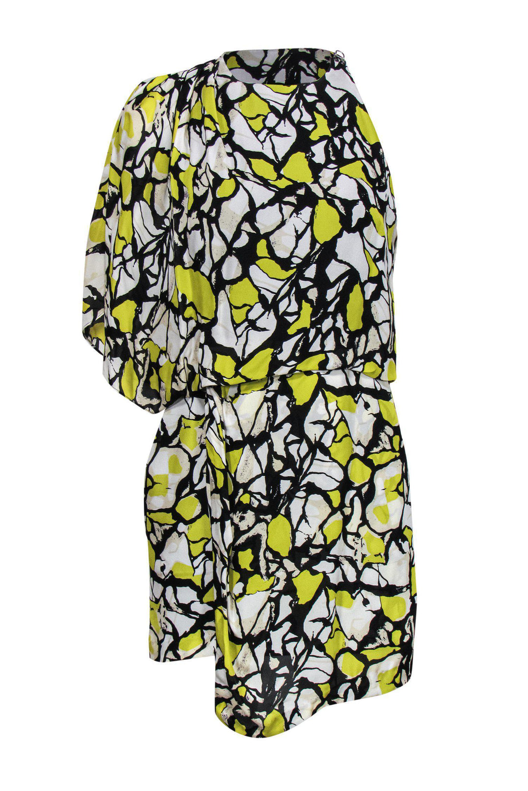 Robert Rodriguez - Yellow, Black & White Draped One-Sleeve Silk Dress