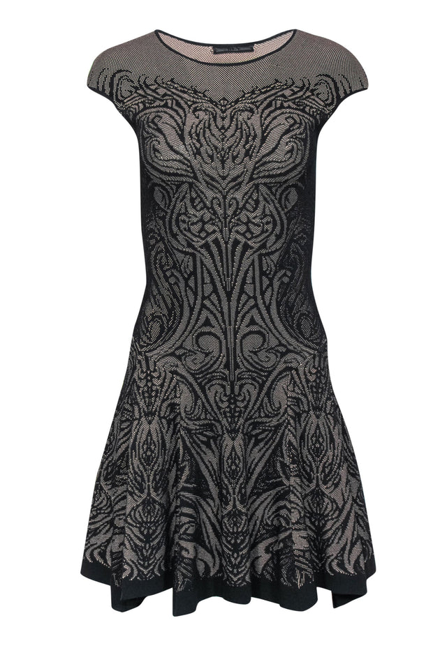RVN - Black & Beige Lace Print Knit Drop Waist Dress Sz S RVN - Black & Beige Lace Print Knit Drop Waist Dress Sz S