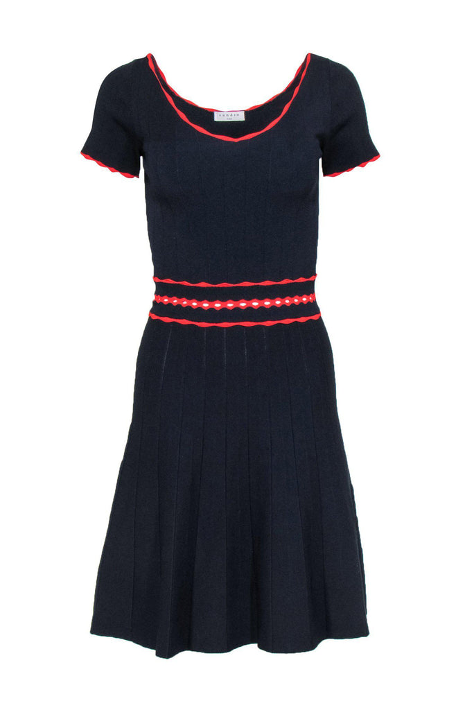 Sandro - Navy A-Line Knit Dress w/ Red Trim Sz 4 Sandro - Navy A-Line Knit Dress w/ Red Trim Sz 4