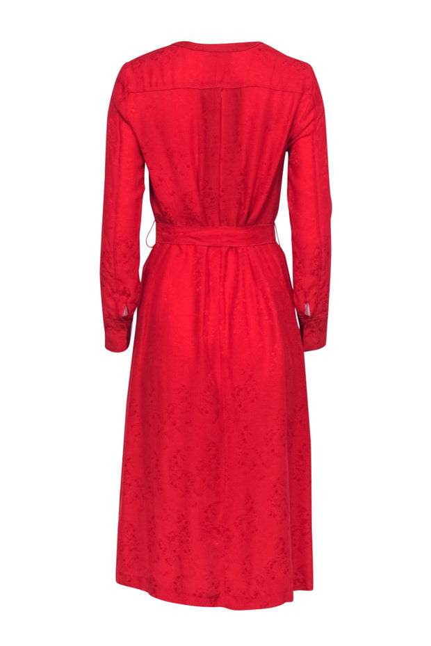 Current Boutique-Sandro - Red Tiger Jacquard Button-Up Belted Midi Dress w/ Back Cutout Sz 4