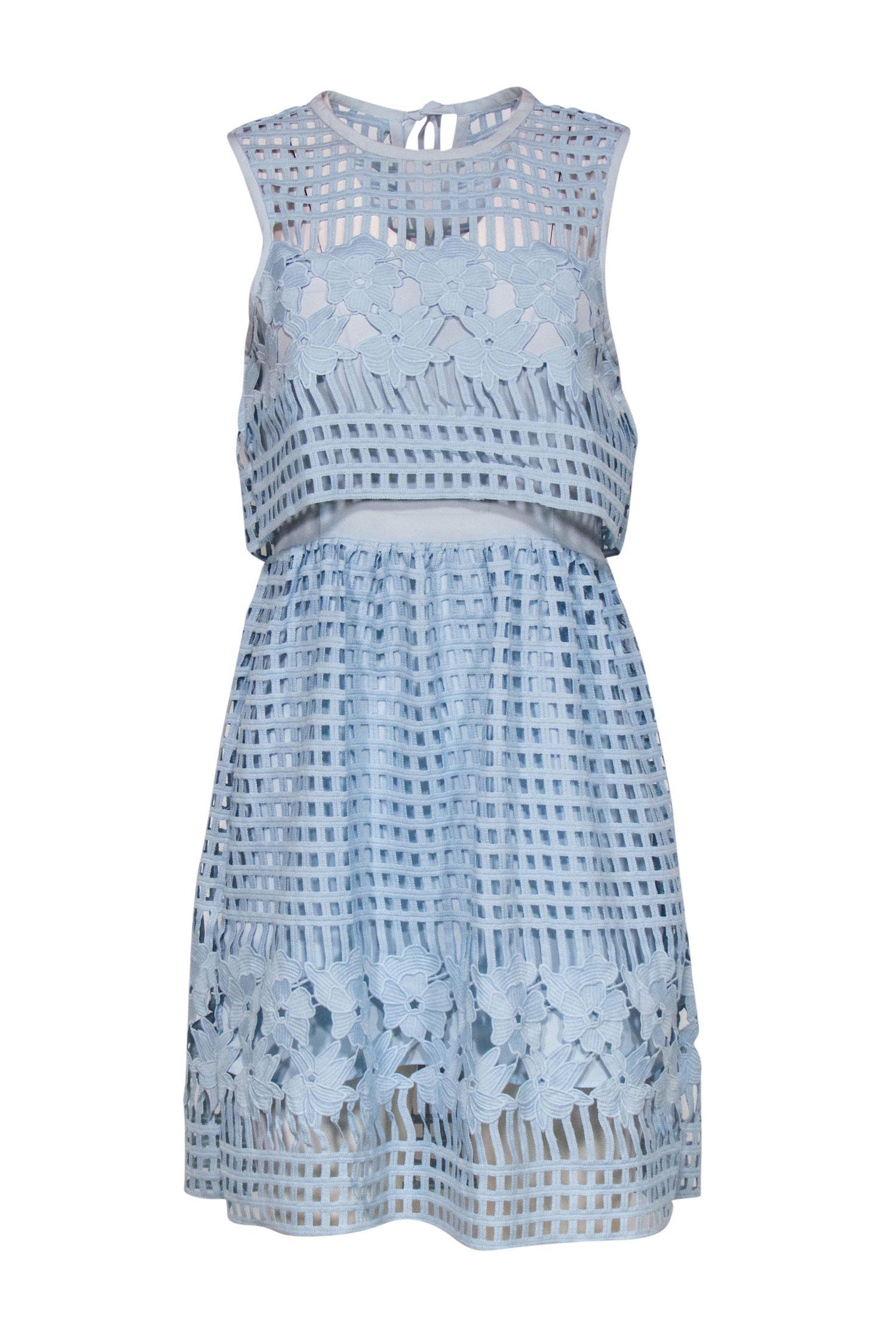 Saylor - Baby Blue Laser Cut & Floral Lace Sleeveless Fit & Flare Dress Sz M Saylor - Baby Blue Laser Cut & Floral Lace Sleeveless Fit & Flare Dress Sz M
