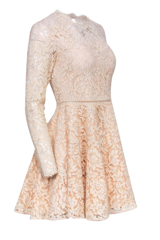 Saylor - Beige Metallic Floral Lace Fit & Flare Dress w/ Back Cutout Sz S Saylor - Beige Metallic Floral Lace Fit & Flare Dress w/ Back Cutout Sz S