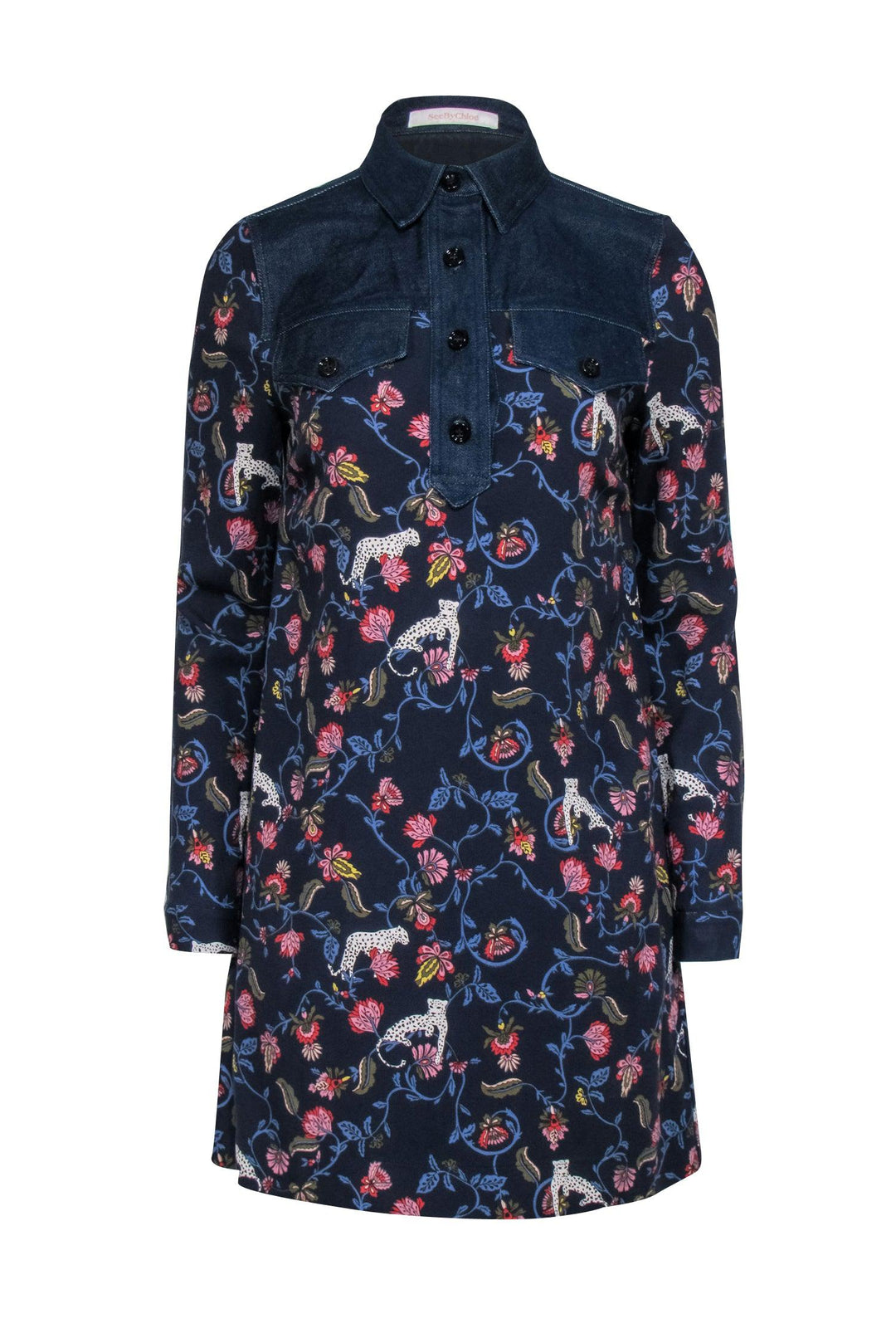 See by Chloe - Western Style Denim Dress w/ Mixed Print Pattern Sz L See by Chloe - Western Style Denim Dress w/ Mixed Print Pattern Sz L