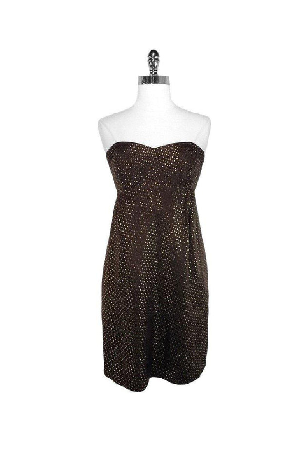 Current Boutique-Shoshanna - Brown & Gold Dotted Silk Strapless Dress Sz 4
