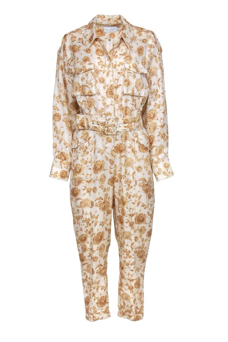Current Boutique-Significant Other - Cream & Beige Floral Print Straight Leg Jumpsuit Sz 8