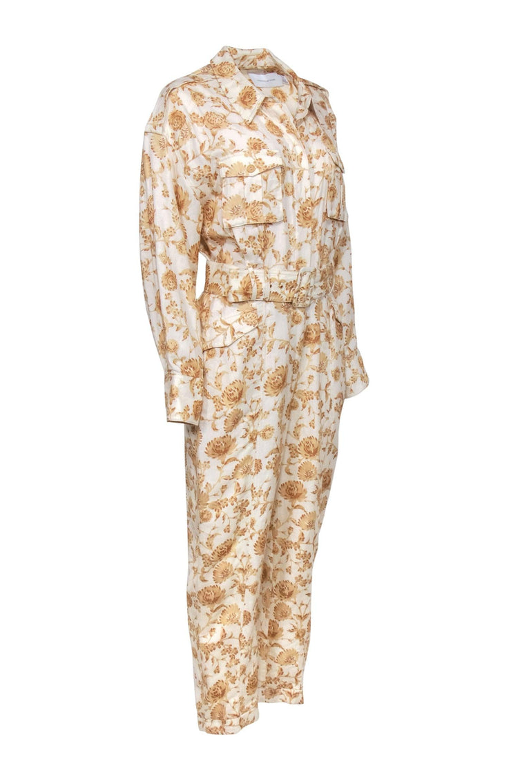 Current Boutique-Significant Other - Cream & Beige Floral Print Straight Leg Jumpsuit Sz 8