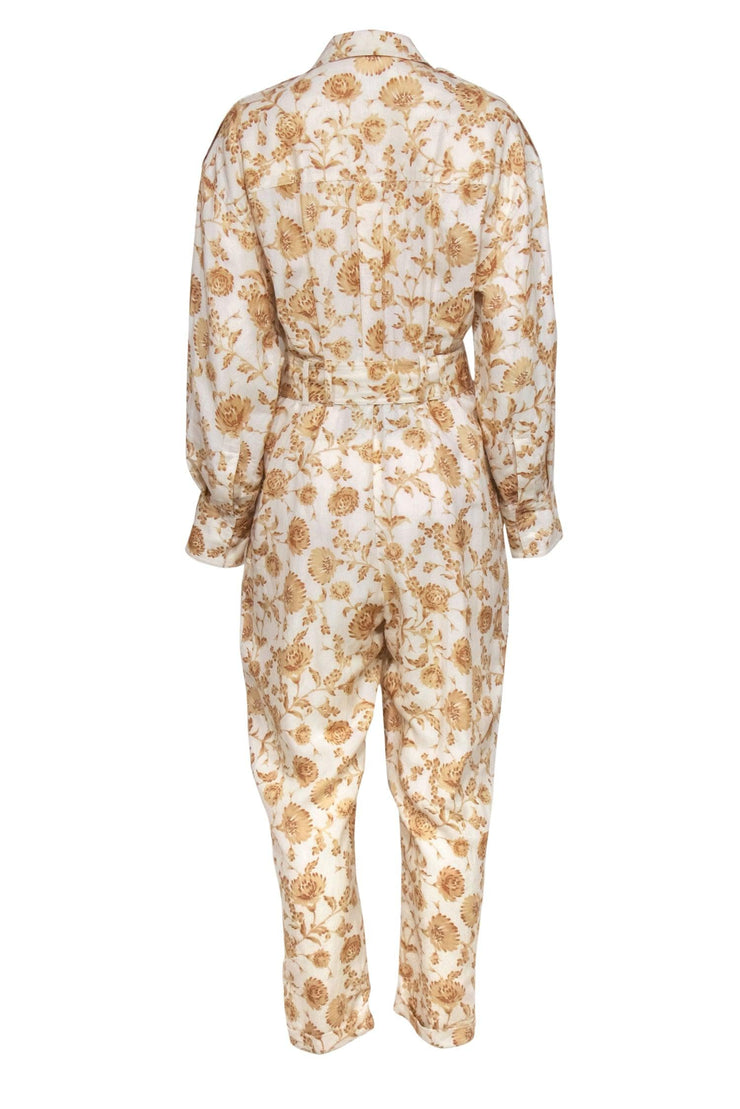 Current Boutique-Significant Other - Cream & Beige Floral Print Straight Leg Jumpsuit Sz 8
