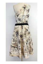 Current Boutique-St. John - Tan & Black Floral Print Cotton One Shoulder Dress Sz 14