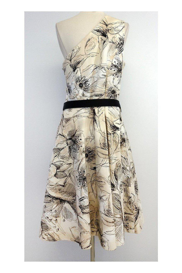 Current Boutique-St. John - Tan & Black Floral Print Cotton One Shoulder Dress Sz 14