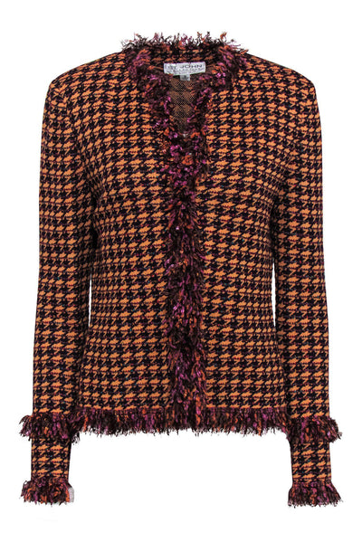 Current Boutique-St. John - Orange & Purple Houndstooth Fringed Knit Jacket Sz 10