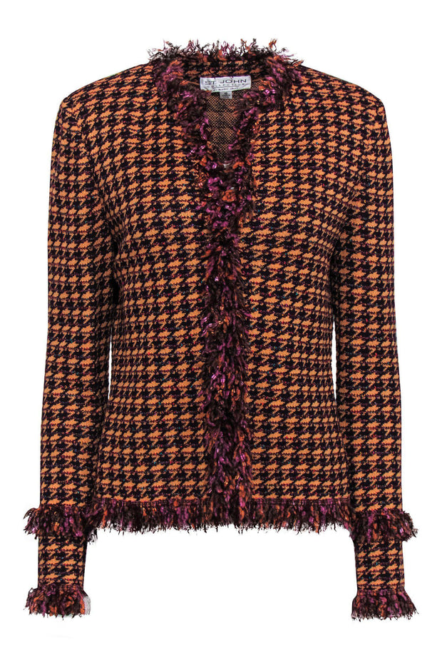 Current Boutique-St. John - Orange & Purple Houndstooth Fringed Knit Jacket Sz 10
