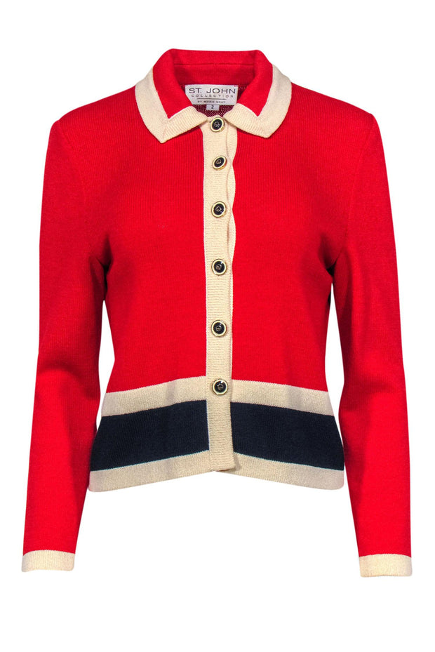 Current Boutique-St. John - Red & Navy Colorblocked Knit Jacket w/ Cream Trim Sz 2