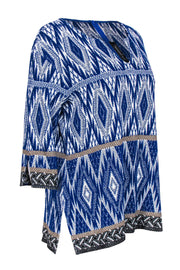 Current Boutique-St. John - Blue, White & Gold Print Long Sleeve Knit Top Sz M