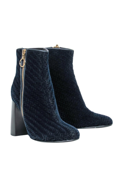 Current Boutique-Stella McCartney - Navy Velvet Woven Block Heel Ankle Booties Sz 8