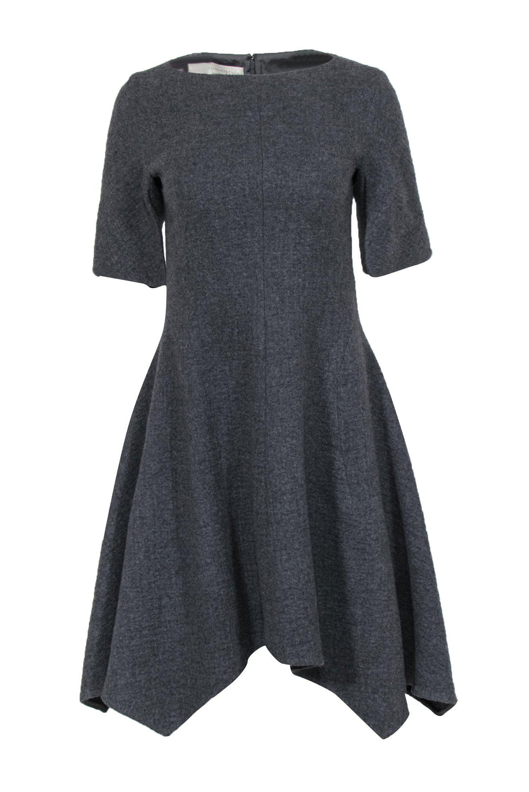 Stella McCartney - Grey Wool Short Sleeve Scarf Hem Fit & Flare Dress Stella McCartney - Grey Wool Short Sleeve Scarf Hem Fit & Flare Dress