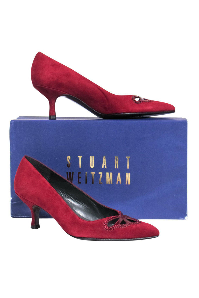 Stuart Weitzman Red Suede Pointed-Toe Kitten Heels w/ Cutouts Sz