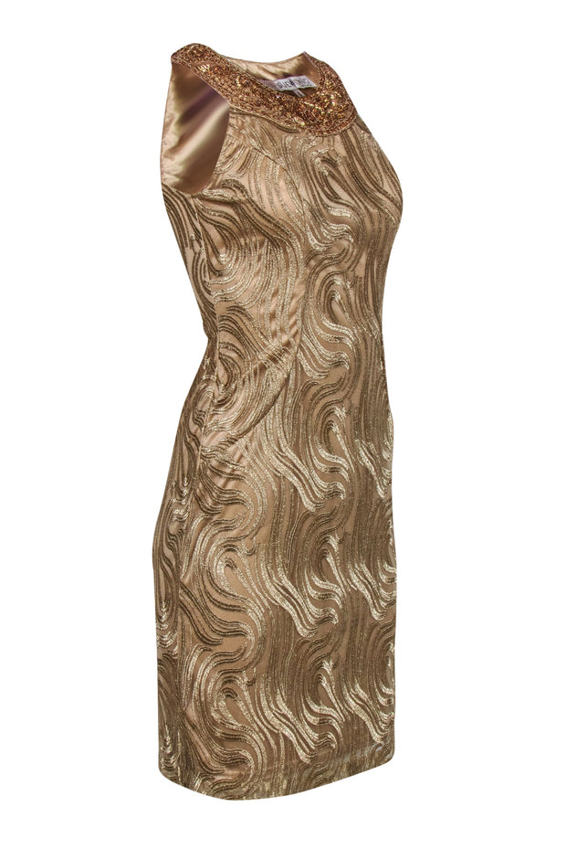 Sue Wong - Gold Lace Cocktail Dress w/ Beaded Neckline Sz 0 Sue Wong - Gold Lace Cocktail Dress w/ Beaded Neckline Sz 0