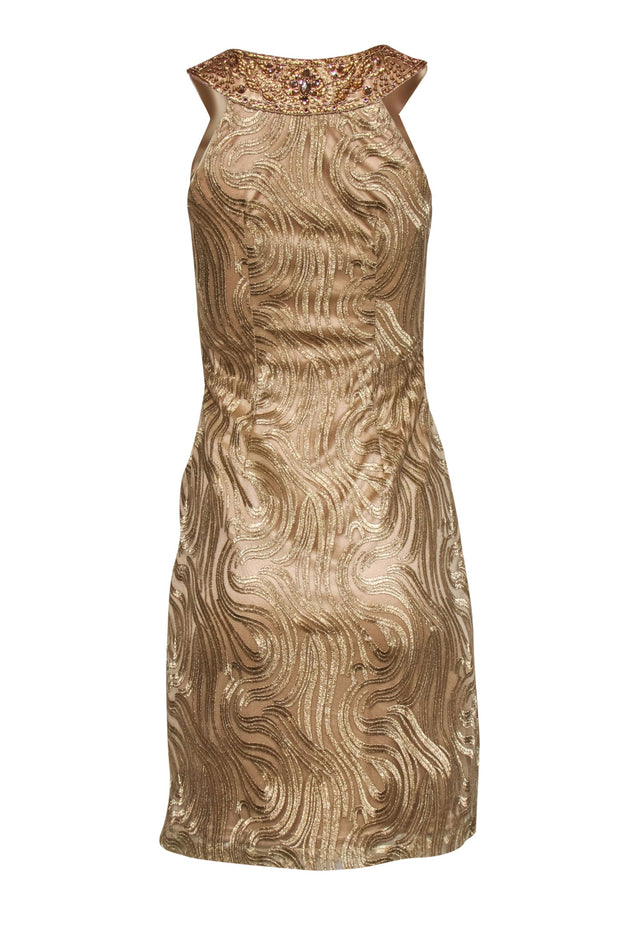 Sue Wong - Gold Lace Cocktail Dress w/ Beaded Neckline Sz 0 Sue Wong - Gold Lace Cocktail Dress w/ Beaded Neckline Sz 0