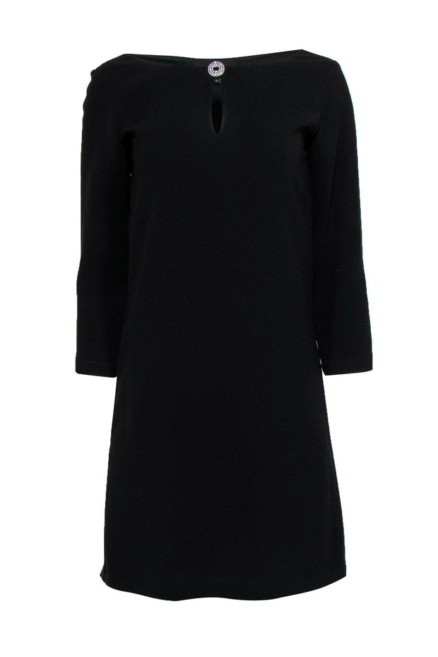 Current Boutique-Tara Jarmon - Black Keyhole Neckline Shift Dress w/ Brooch Sz 2