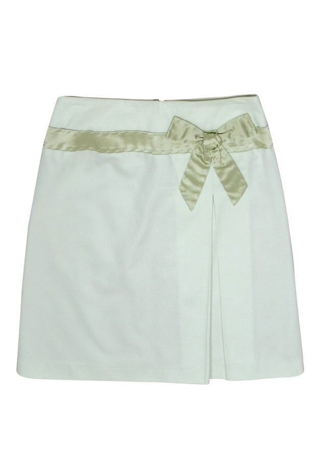 Current Boutique-Tara Jarmon - Light Mint Cotton Pleated A-Line Skirt w/ Satin Bow Sz 2