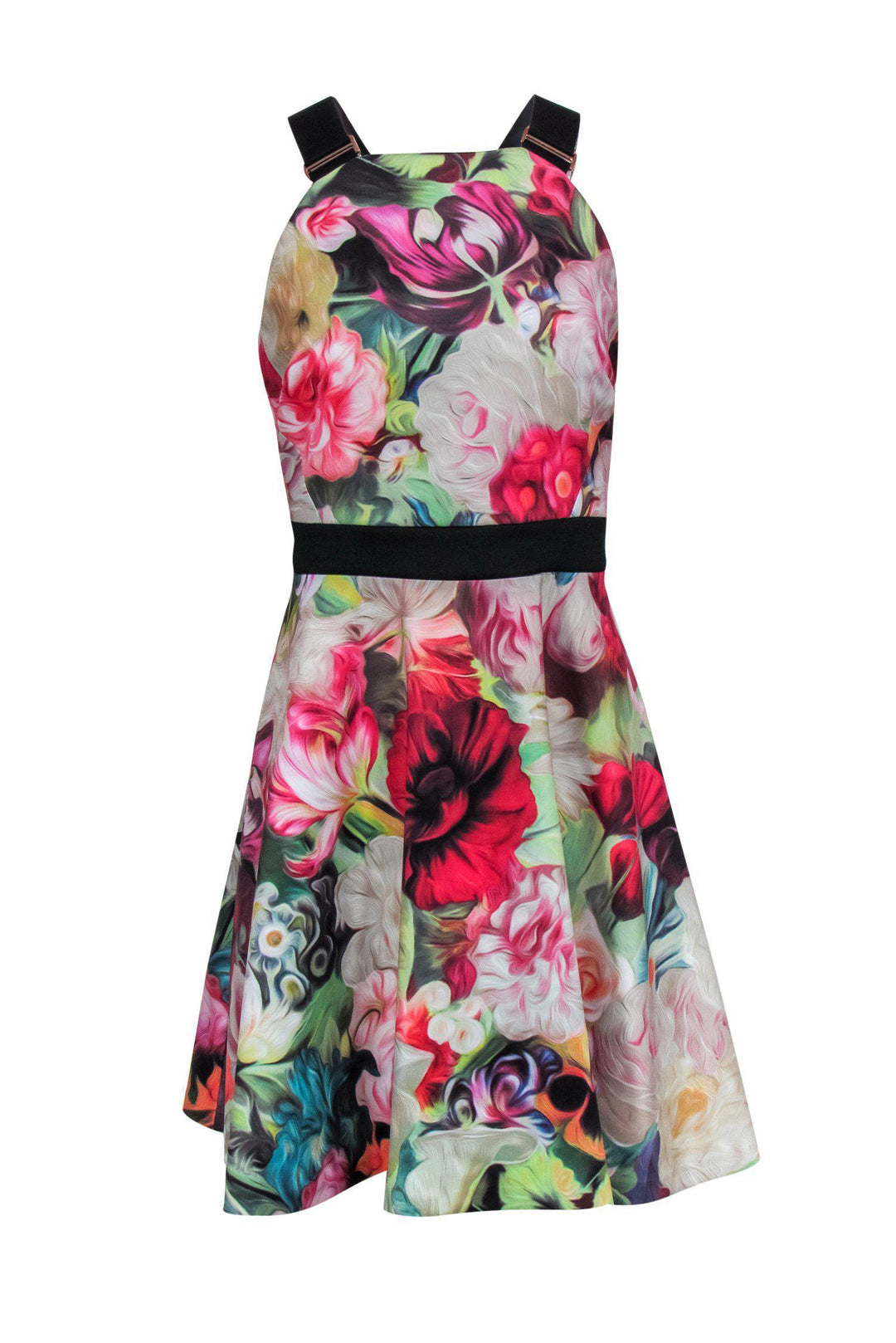 Ted Baker - Marbled Floral Print A-Line Dress w/ Buckles Sz 10 Ted Baker - Marbled Floral Print A-Line Dress w/ Buckles Sz 10